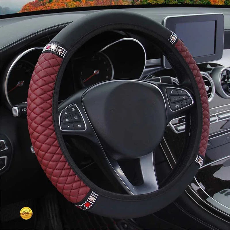 Universal Car Steering Wheel Cover 37-38cm Leather Embroidered Color Diamond-Studded Elastic Four Seasons Steering Wheel Cover