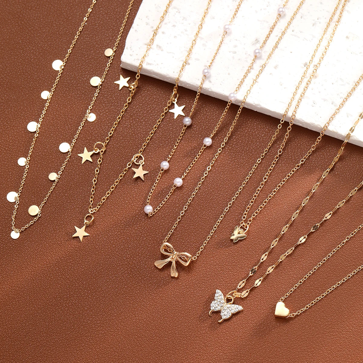 9 Pc Layered Choker Necklace Set for Women - Heart & Star Pendants