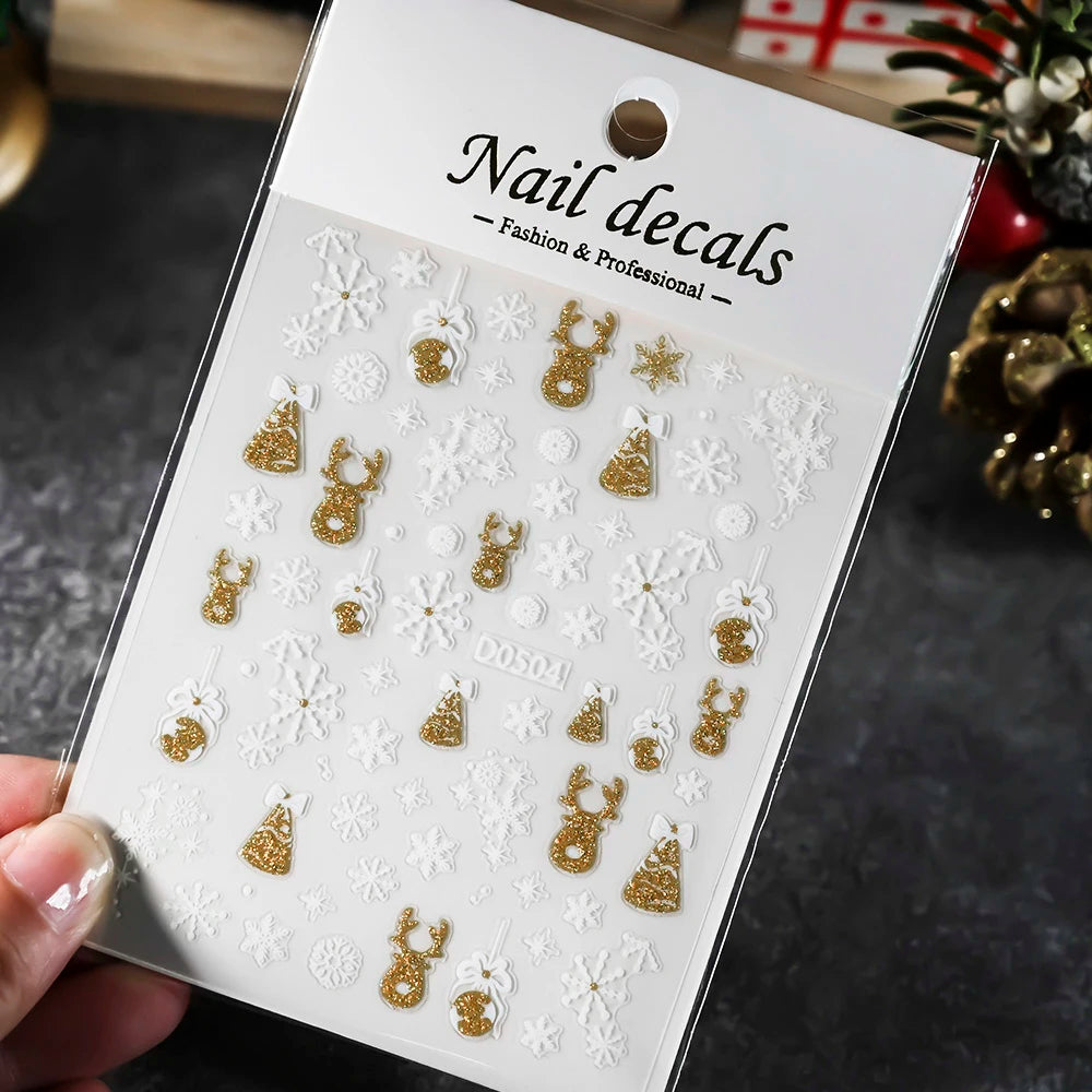 1pcs 5D Embossed Snowflakes/Snowman/Santa Claus/Reindeer Nail Art Stickers Self-Adhesive Cute Christmas Nail Art Decals 8*10CM
