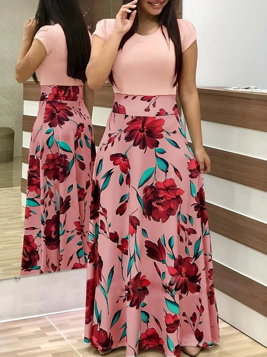 2025 European and American style flower print color matching short sleeved dress for women's large swing skirt