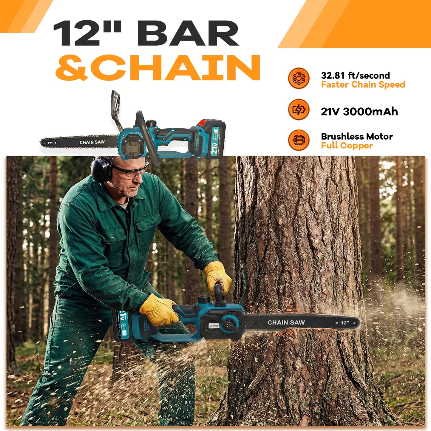 XYSD 12" Cordless Electric Chainsaw — 21V Handheld Saw for Tree Trimming