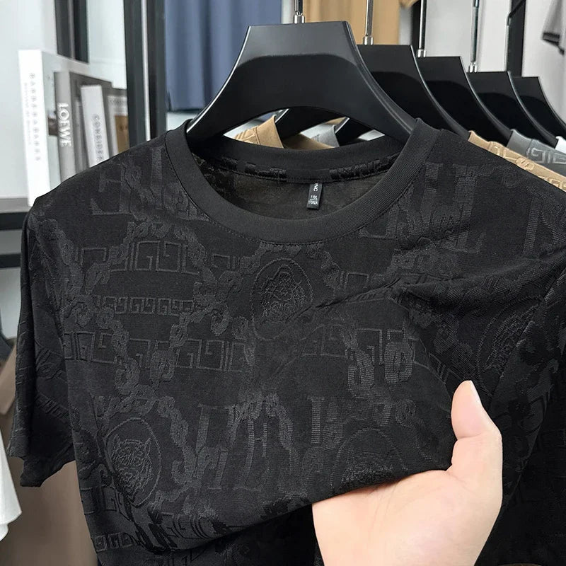 Men's Ice-Silk Mesh Tee - Jacquard Crew Neck, Slim Breathable