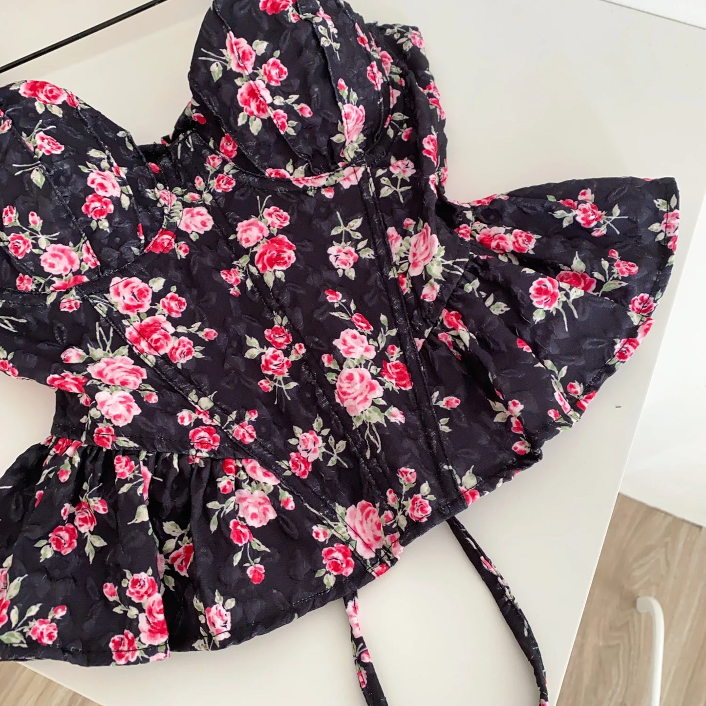 Sexy Slim  Corset ruffle print Chic Korean Camis Tank Top Basic Fashion Off Shoulder Summer Women Clothing