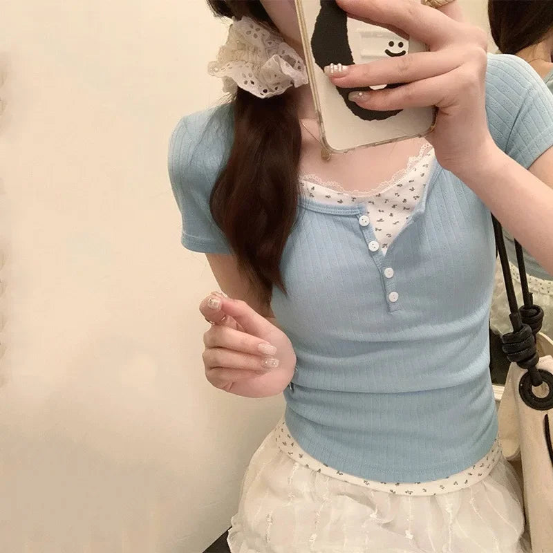 Women Soft Floral Lace Summer Blouse Lady Sweet Button Slim Fit 2026 Spliced Tops Female Seaside Designer Short sleeved T-shirt