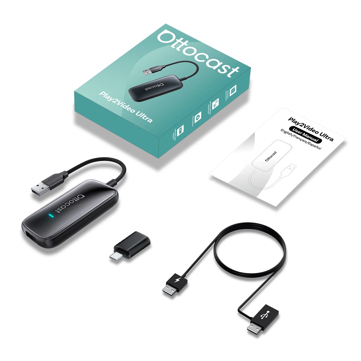 Ottocast Play2Video Ultra Wireless CarPlay Car MultimediaSmart Box Hi-res 1080P with Local Media Playback Portable WiFi6 For VW