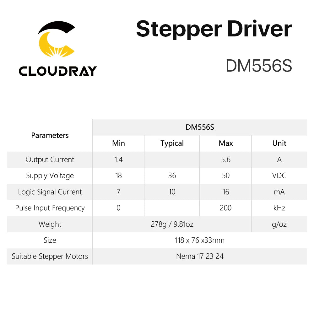 Cloudray DM556S 2-Phase Stepper Motor Driver — 18–50VDC, 1.4–5.6A (Nema 17/23/34)