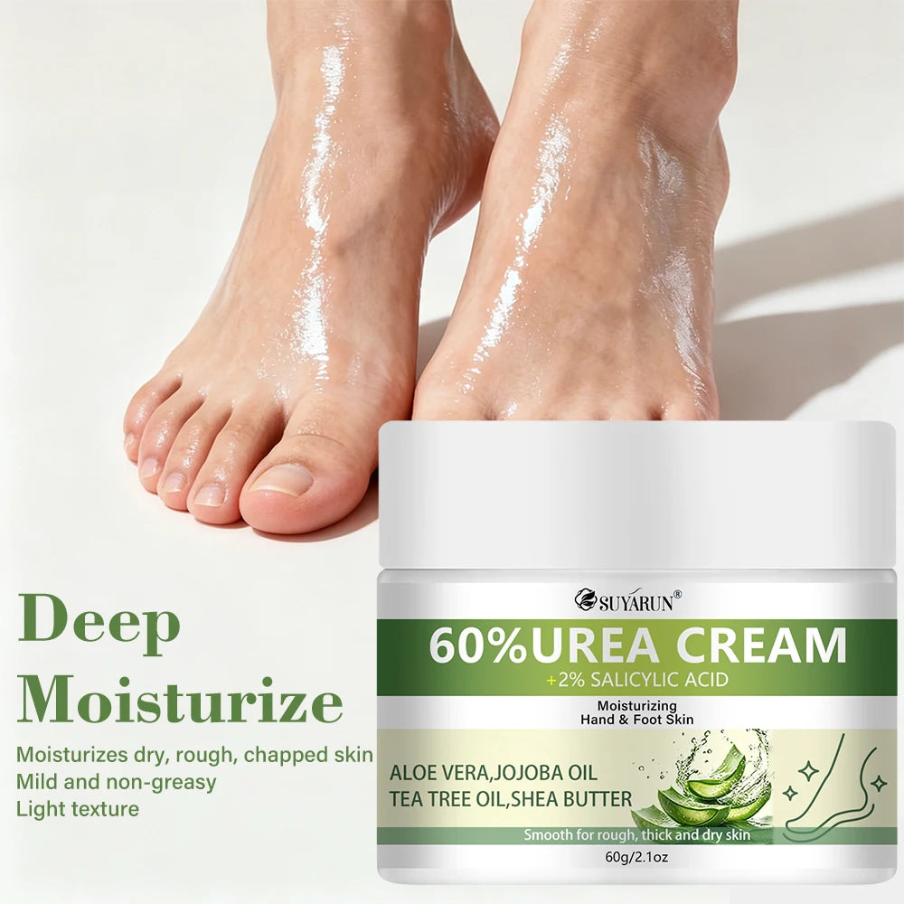 SUYARUN 60% Urea+2% Salicylic Acid Exfoliating Foot Cream, Aloe & Tea Tree, Soothing Moisturizing & Hydrating for Cracked Heels.