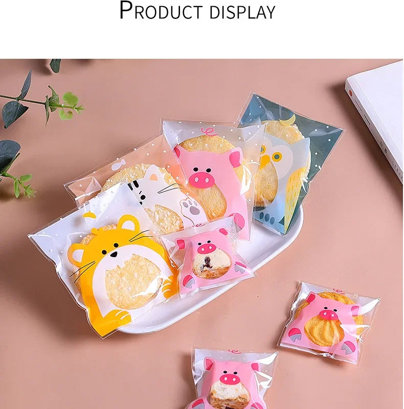 100Pcs Plastic Transparen Cartoon Candy Cookie Plastic Bags Self-Adhesive For Biscuits Snack Baking Package Kids Gift DIY