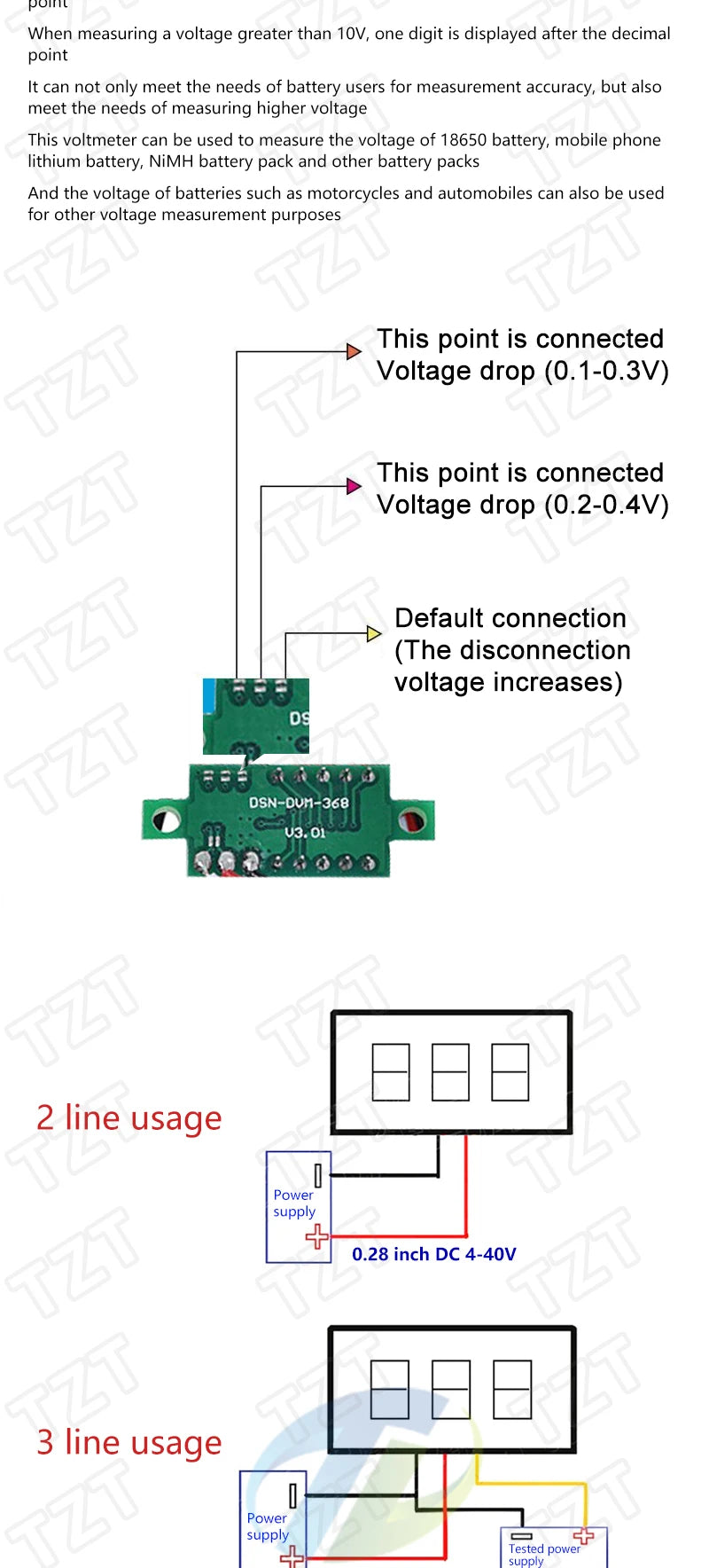0.28 Inch 2 wires 3 wires 2.5V-40V Mini Digital Voltmeter TZT Voltage Tester Meter Red/Blue/yellow/green LED Screen meter