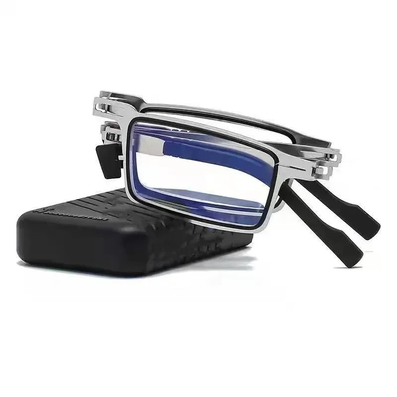 Portable Folding Reading Glasses with Case — Metal Frame, Blue Light Filter, Unisex