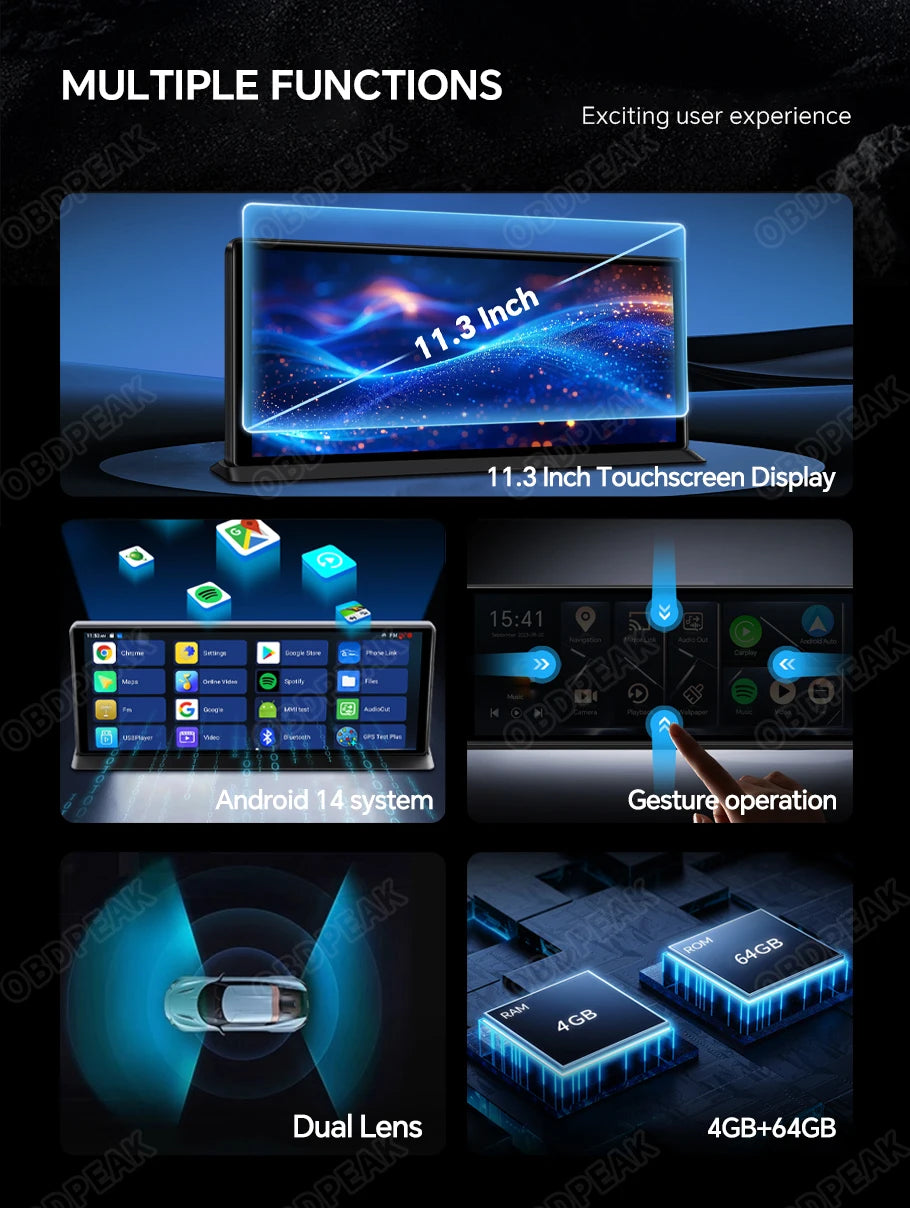 K60 Pro 11.3" 4G+64G WIFI Android 14 AI Screen GPS Navigation Carplay Android AUTO 1080P Dash Cam RearView Mirror Video Recorder