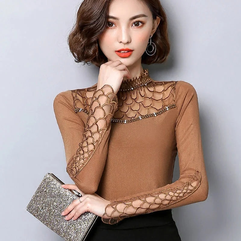 Women's Hollow Out Lace Patchwork Blouse - Long Sleeve Slim Top - photo 6