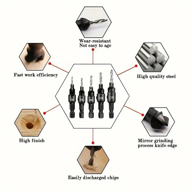 4/5 PCS Woodworking Countersunk Head Drill And Chamfering One Piece Hexagonal Handle Countersunk Fried Dough Twist Drill