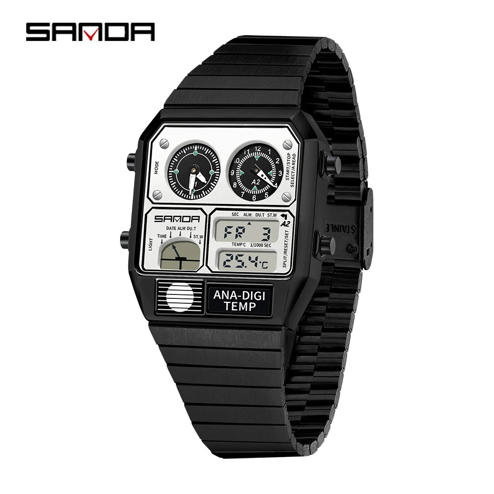 SANDA 3192 Men's Sport Watch – Analog-Digital LED, Waterproof, Stainless Steel