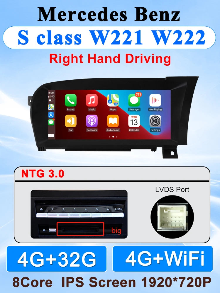 10.25" Wireless CarPlay & Android Auto Display Screen, Compatible with Mercedes-Benz S-Class W221 (NTG 3.0/3.5)