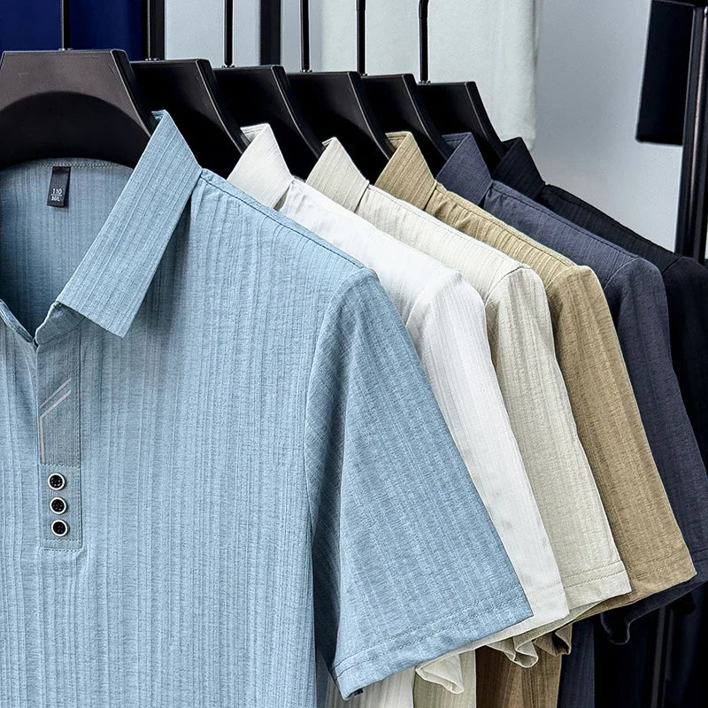 Men's Vertical-Texture Polo - Lightweight Soft, Three-Button Lapel