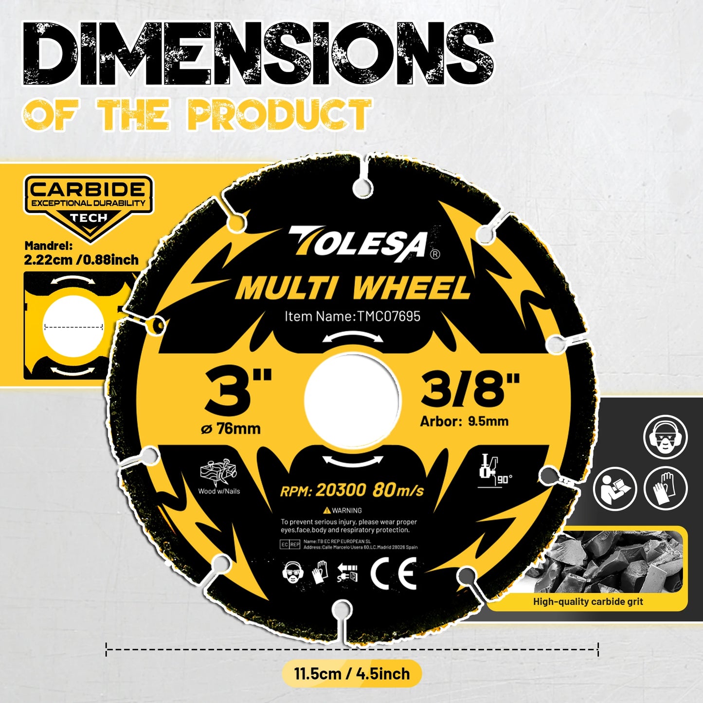 TOLESA 3Pcs Carbide Cutting Disc 3/4.5 Inch Cut Off Wheels Angle Grinder Cutting Wheel for Wood, Wood with Nails, Plastic