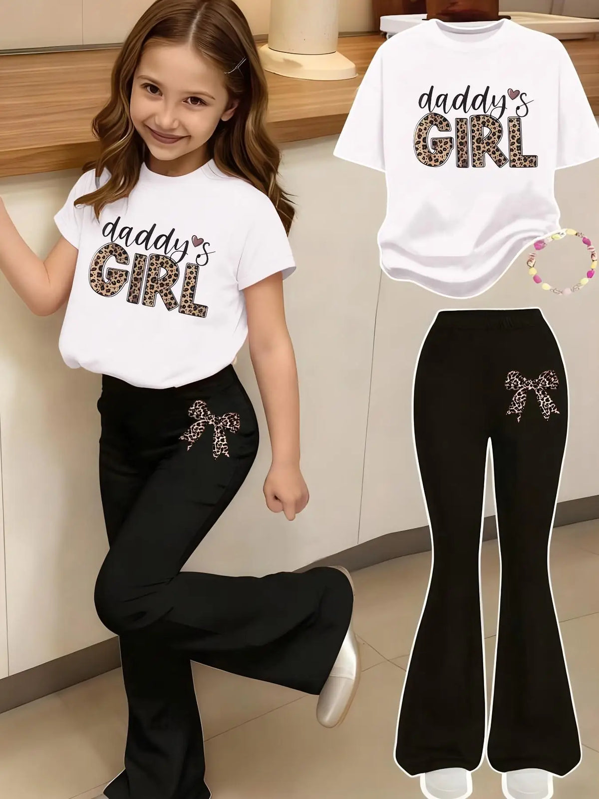 Children's Clothing Girls' Outfit Leopard Print Bow Pattern Printed 2-Piece Set Casual Sports Short-Sleeve Top and Flared Pants Set Suitable for Girls Aged 4-11 for Home, Outing, and School Versatile Wear