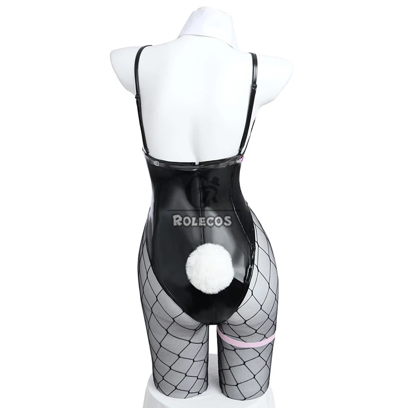 ROLECOS Black Jumpsuit Rabbit Hole Bunny Girl Costume Halloween Sexy Women PU Leather Fabric Elastic Cosplay Bunny Suit Outfit