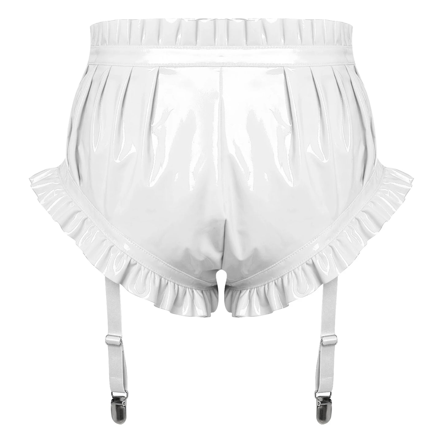 Womens Wet Look Lingerie Latex Shorts Patent Leather Ruffle Trim with Garter Clips Ruched Bloomer Shorts Glossy Rave Clubwear