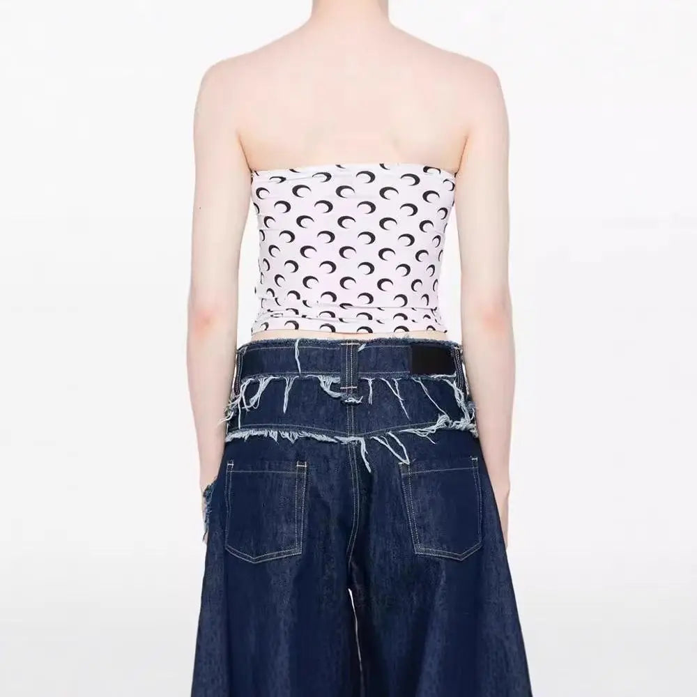New Fashion Moon Print Sexy Short Crop Top Women's Summer Korean Style Leisure Streetwear Sweet Strapless Slim Fit Blouse