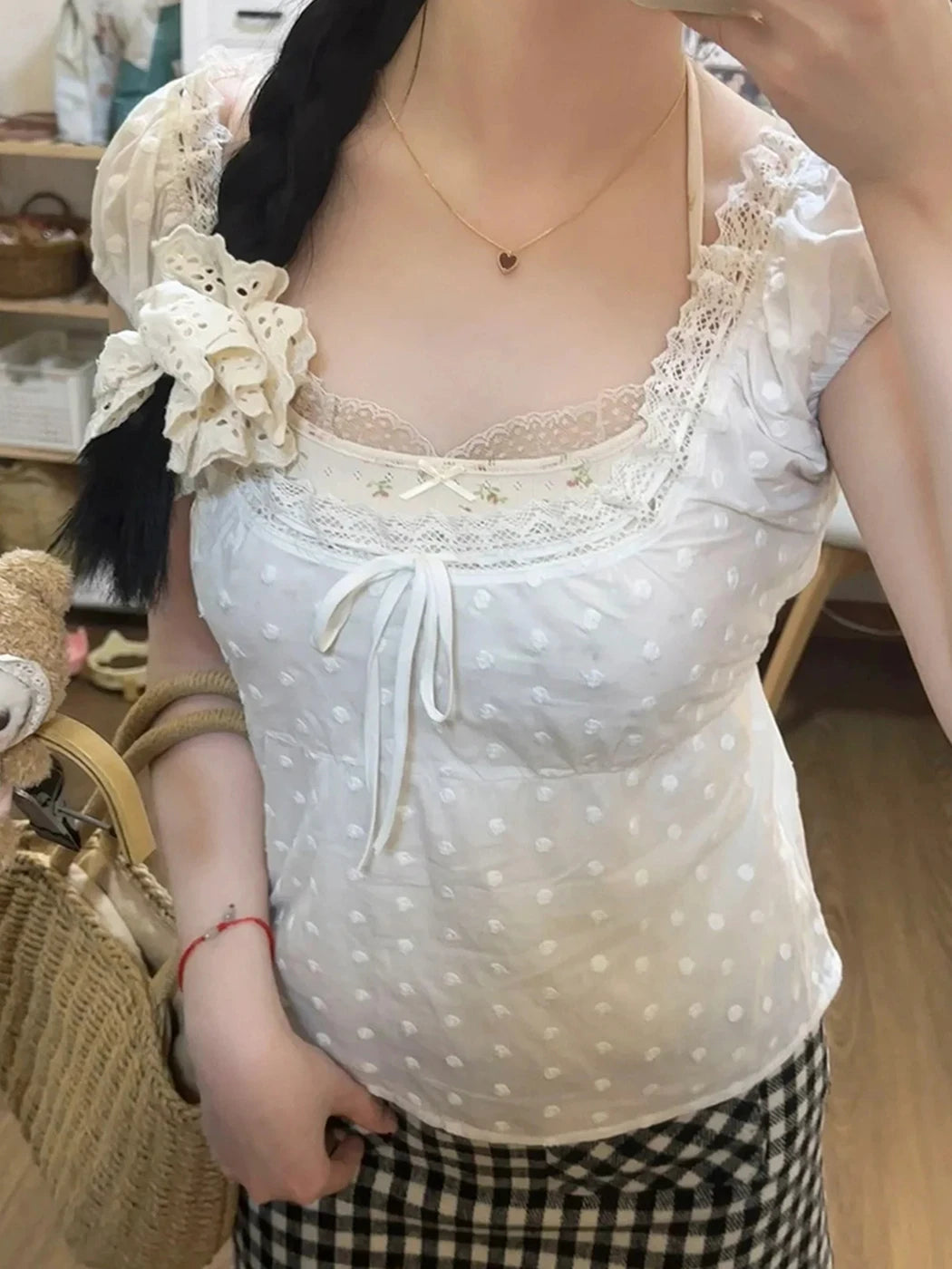 White Lace Tied Square Neck Summer T-shirts Chic Elegant Short Sleeve Tee Cotton Y2K Street Casual Bow Tie-up Top Women