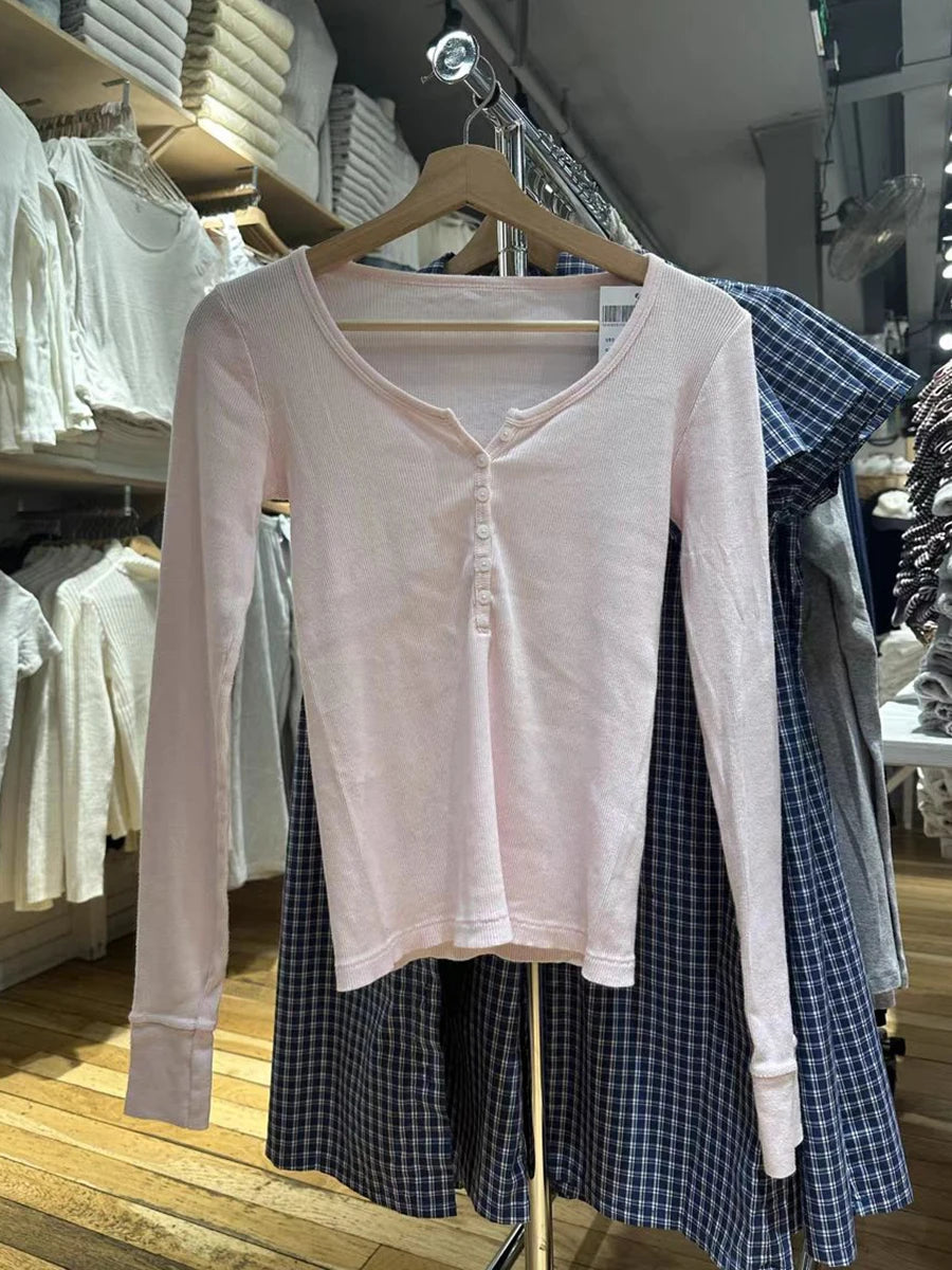 Women's Ribbed Long-Sleeve Top — Six-Button Slim Round-Neck Y2K Tee
