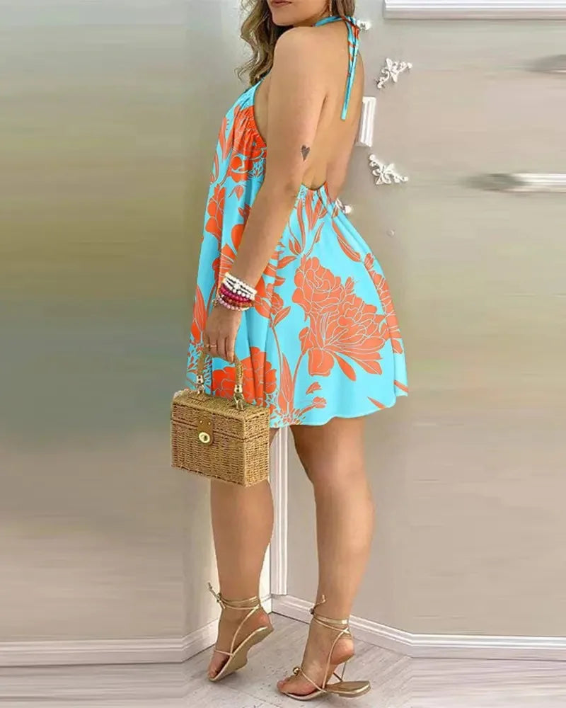 Floral Print Halter-Neck Boho Maxi Dress — Backless Summer Dress