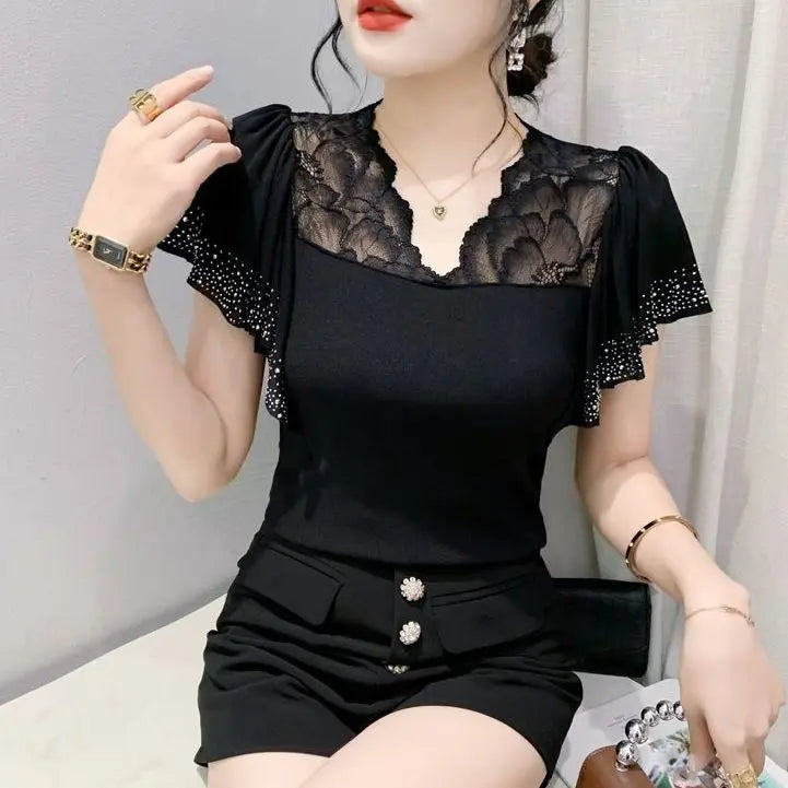 Women Casual Diamonds Lace T Shirts Summer 2026 Korean Fashion Y2k Clothes Slim V Neck Harajuku Sexy Ladies Streetwear Tops Tees