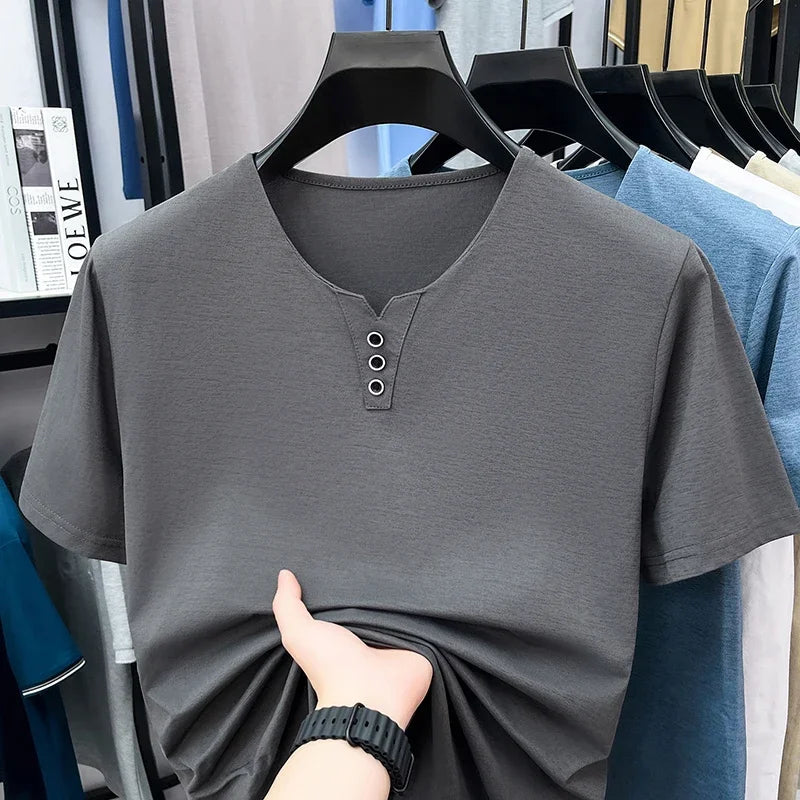 Men's Split V-Neck Tee - Three Metal Buttons, Breathable Slim Fit