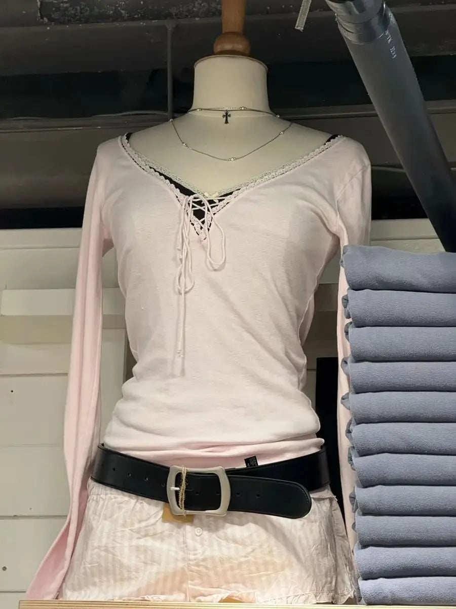 Bandage Lace Trim Long Sleeve T-shirt Autumn Sexy V-neck Cotton Slim Tshirt Top Female Casual Simple Solid Elegant Woman's Tees