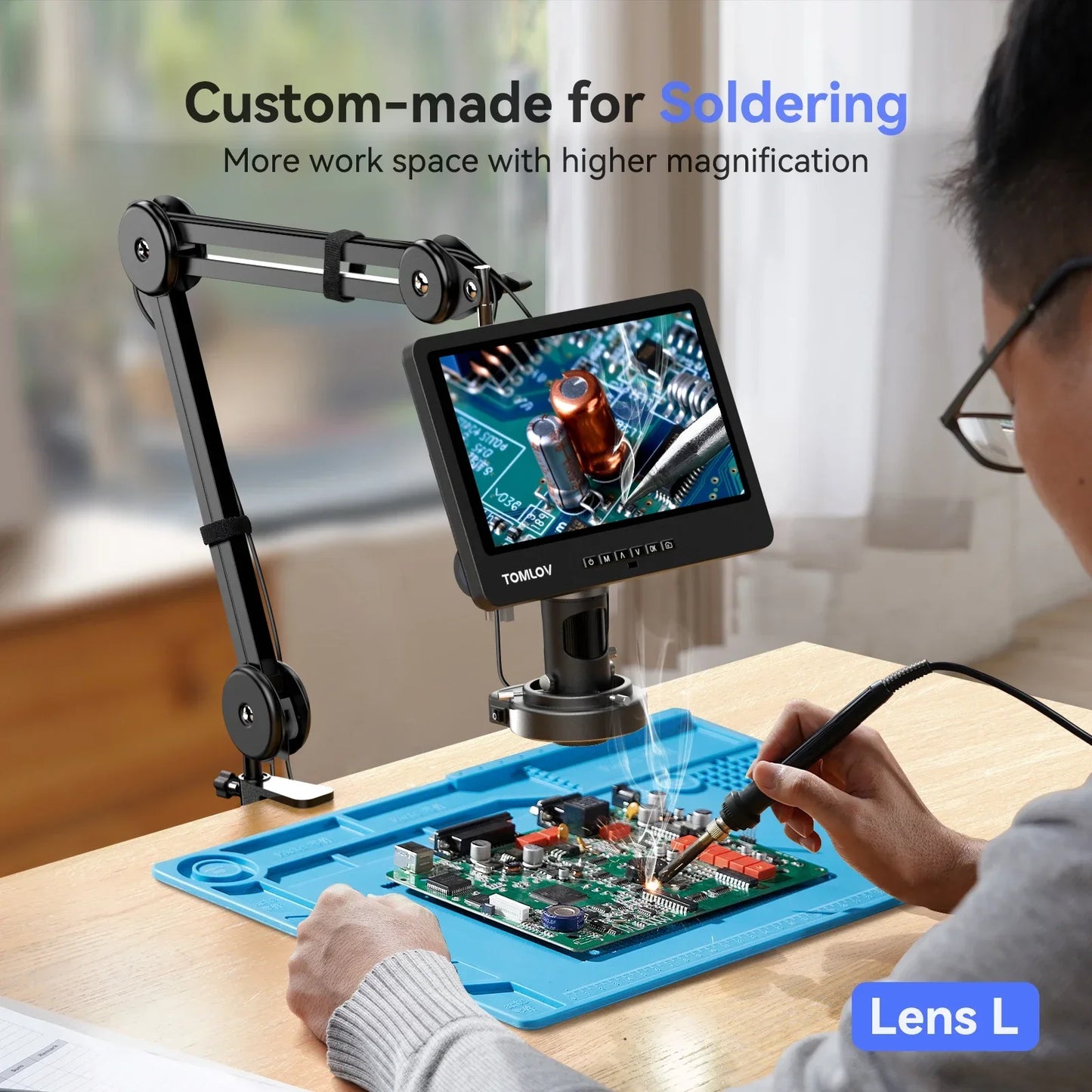 TOMLOV DM602 Digital Soldering Microscope 2000X – 10.1" Screen, 3 Lenses, 144-LED Ring Light | Coin & PCB Repair
