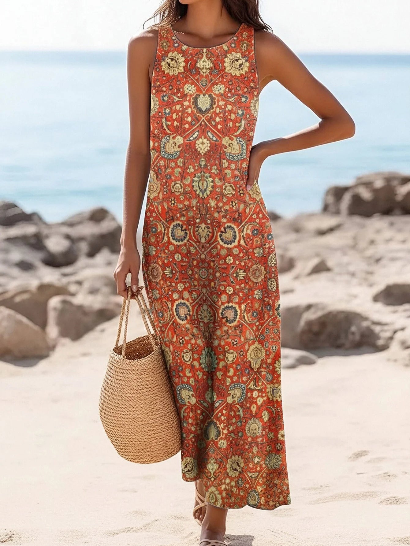 Bohemian Vacation Sunflower Ethnic Print Round Neck Dress Loose Vacation Long Dress Dopamine Dress Light Mature Maxi Dresses