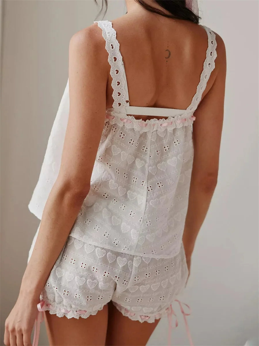 Elegant 2-Piece Pajama Set with Lace Trim Sleeveless Cami Top and Matching Shorts for Women s Sleepwear Ensemble