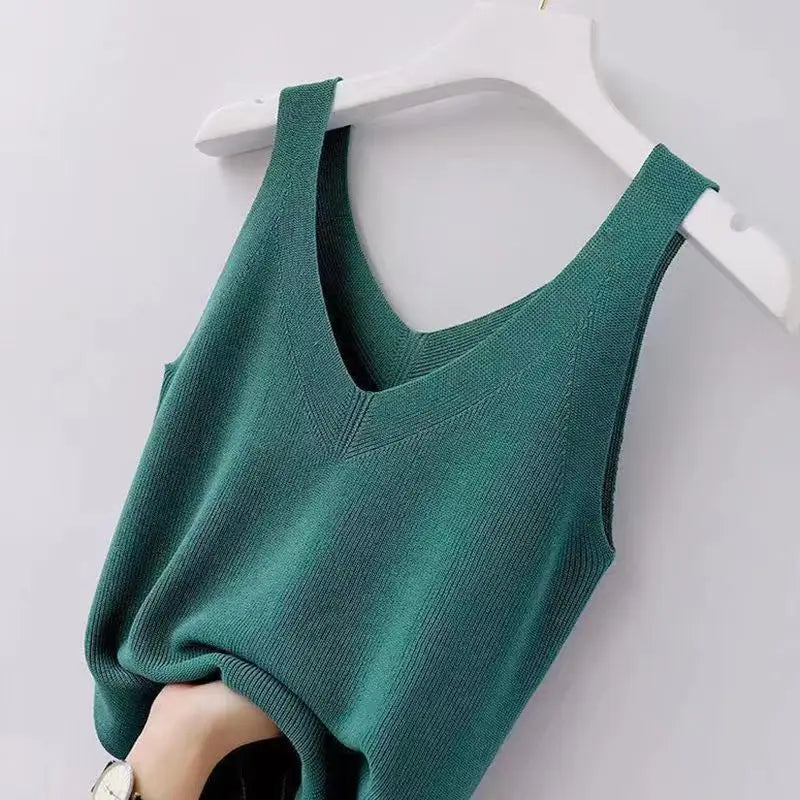 Plus Knit Tank Top V-Neck Ice Silk Sleeveless 2026 Summer Clothing Vests for Women Korean Fashion Loose Elegant Casual Cami Top