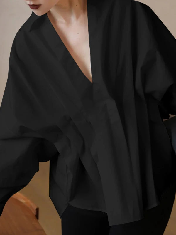 Missuoo Women's Solid Black Oversized V Neck Cotton Blouse 2026 Casual Batwing Sleeve Gathered Waist Buttonless Shirt Top