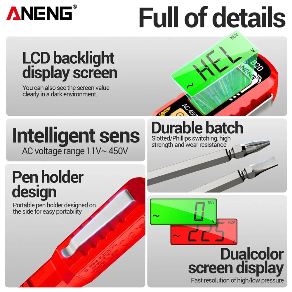 Dual-use Screwdriver Voltage Tester Pen ANENG B20 Double Head Insulated Slotted Cross Pen Screw Driver Repair Meter Hand Tools