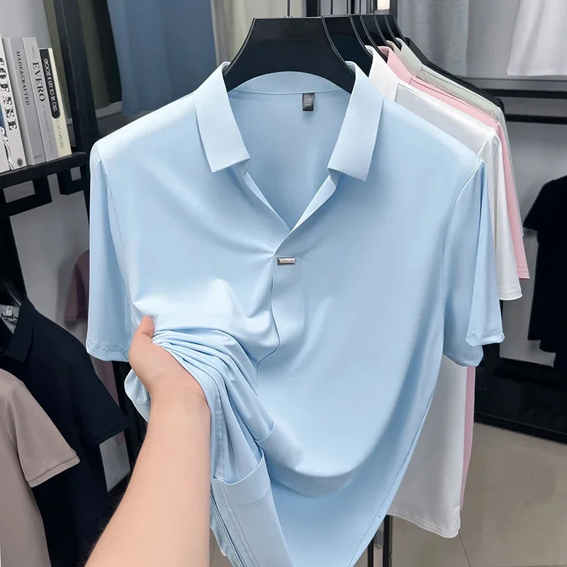 Men's Slim-Fit Lapel Polo - Metal-Bar Placket, Seamless Smooth Knit
