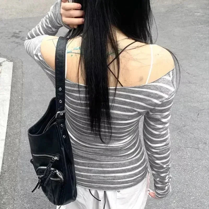 Harajuku Basic Slim Long Sleeve Stripe Tee Off Shoulder O Neck Korean Street Style Spring Autumn Y2K Women's Gray T Shirt