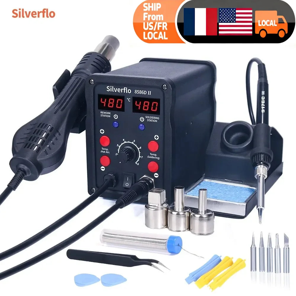 Silverflo 8586D Soldering Station 2 IN 1 Hot Air  Solder Station with 2 Digital display,10-Minute Sleep Mode for SMD Rework