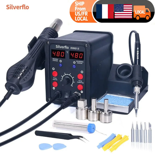 Silverflo 8586D Soldering Station 2 IN 1 Hot Air  Solder Station with 2 Digital display,10-Minute Sleep Mode for SMD Rework