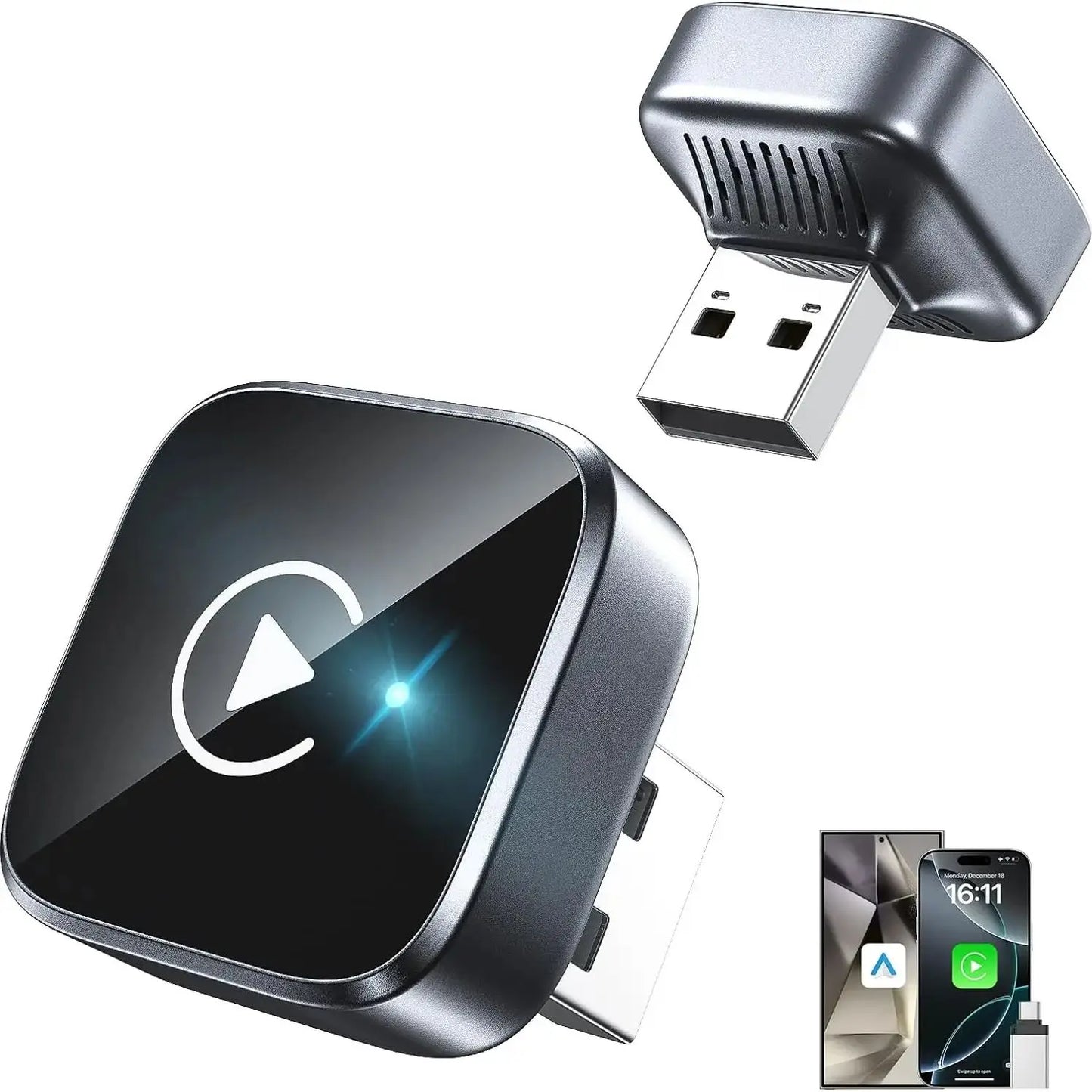 Wireless CarPlay & Android Auto Adapter — Compact Silver Dongle, Fast Auto-Connect