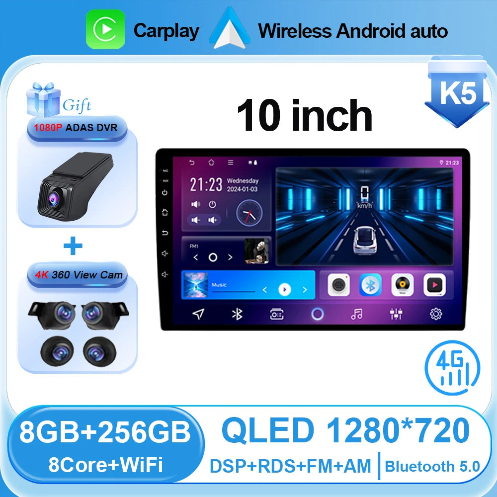 Universal 2-DIN Android Car Stereo (9"/10") — CarPlay, Android Auto, GPS, QLED Screen, Bluetooth