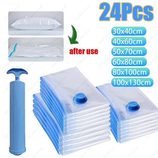 1-24Pcs Reusable Vacuum Storage Bags Vacuum Seal Bag Folding Compressed Organizer Bag Space Saving Bags For Clothes Bedding