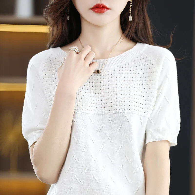 100% cotton short sleeve 2023 summer new women's round neck pullover loose knit solid color top casual vest fashion T-shirt