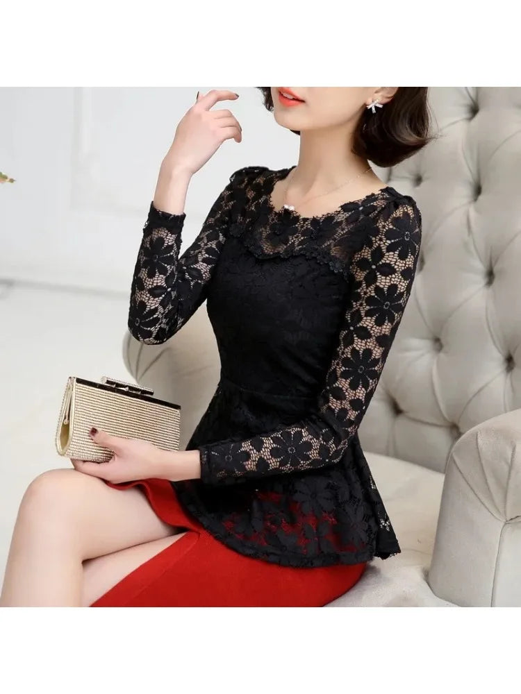 Women's Vintage Lace Long Sleeve Blouse - Pleated Plus Size Top - photo 6