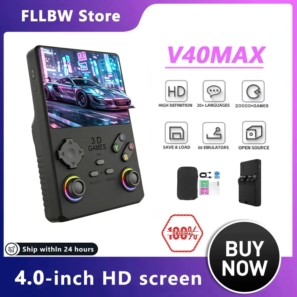 2026 V40MAX Handheld Game Console 4'' IPS Screen 4000mah Battery Joystick RGB lighting Effect 256GB with more than 40000 games