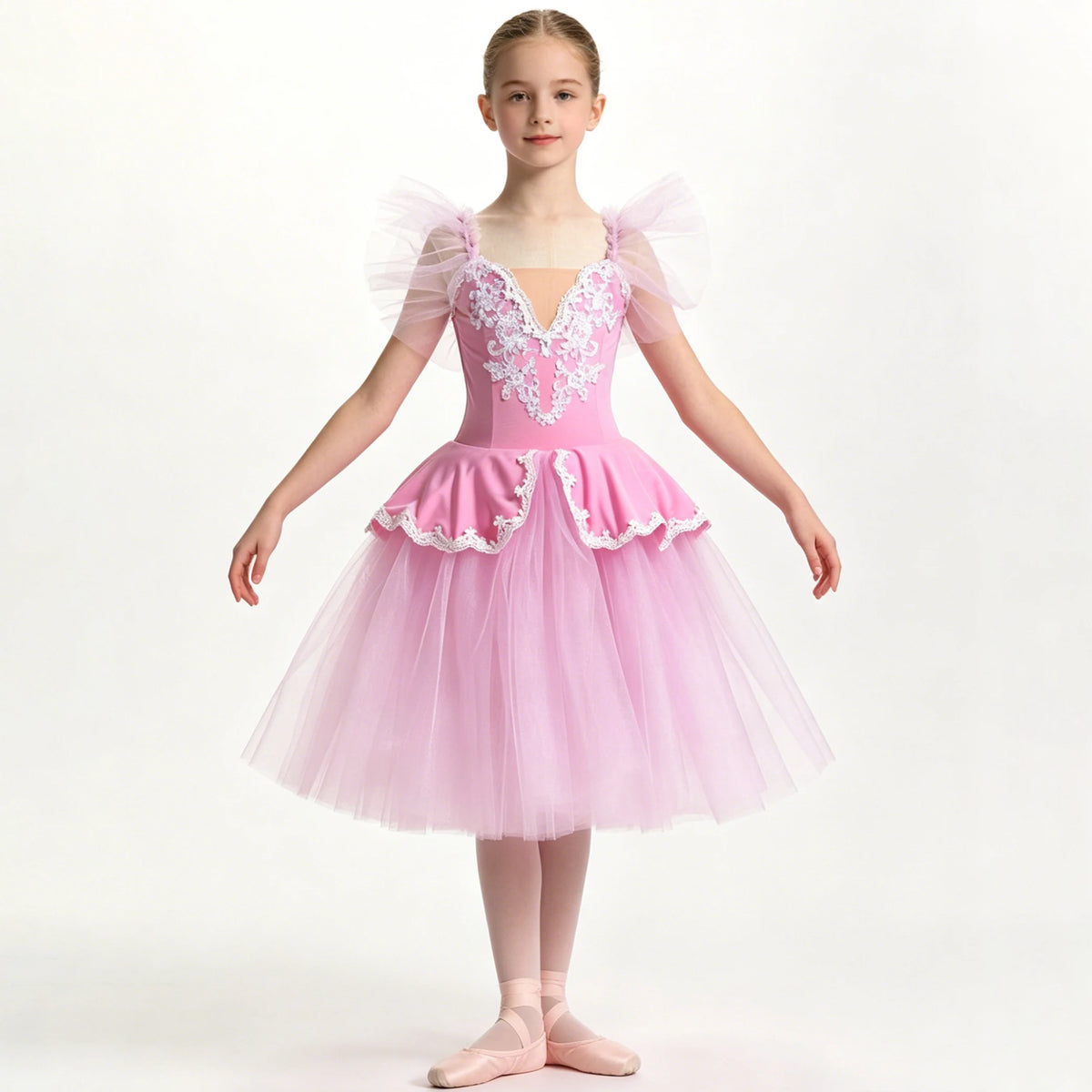 Girls romantic lace applique ballet tutu dress