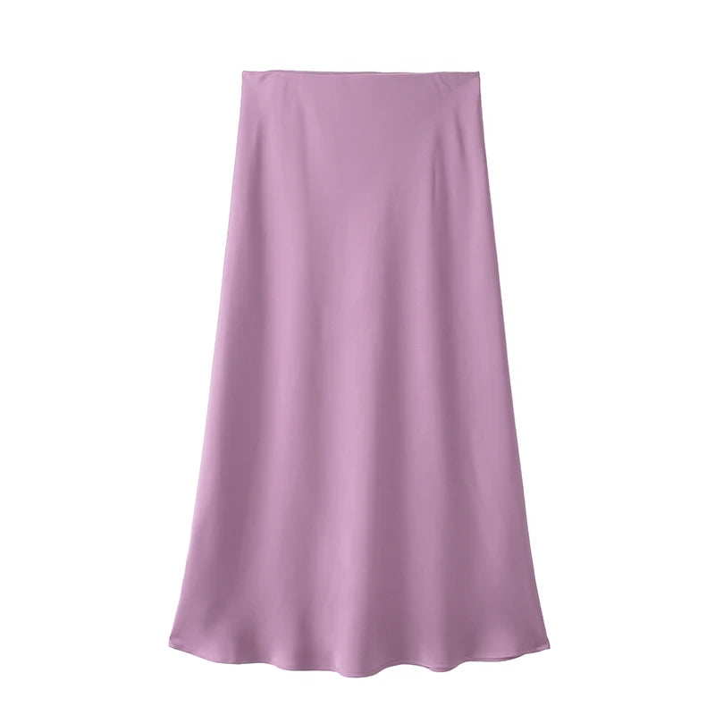 High-Waist Satin Midi Skirt – Elegant Office A-Line Skirt