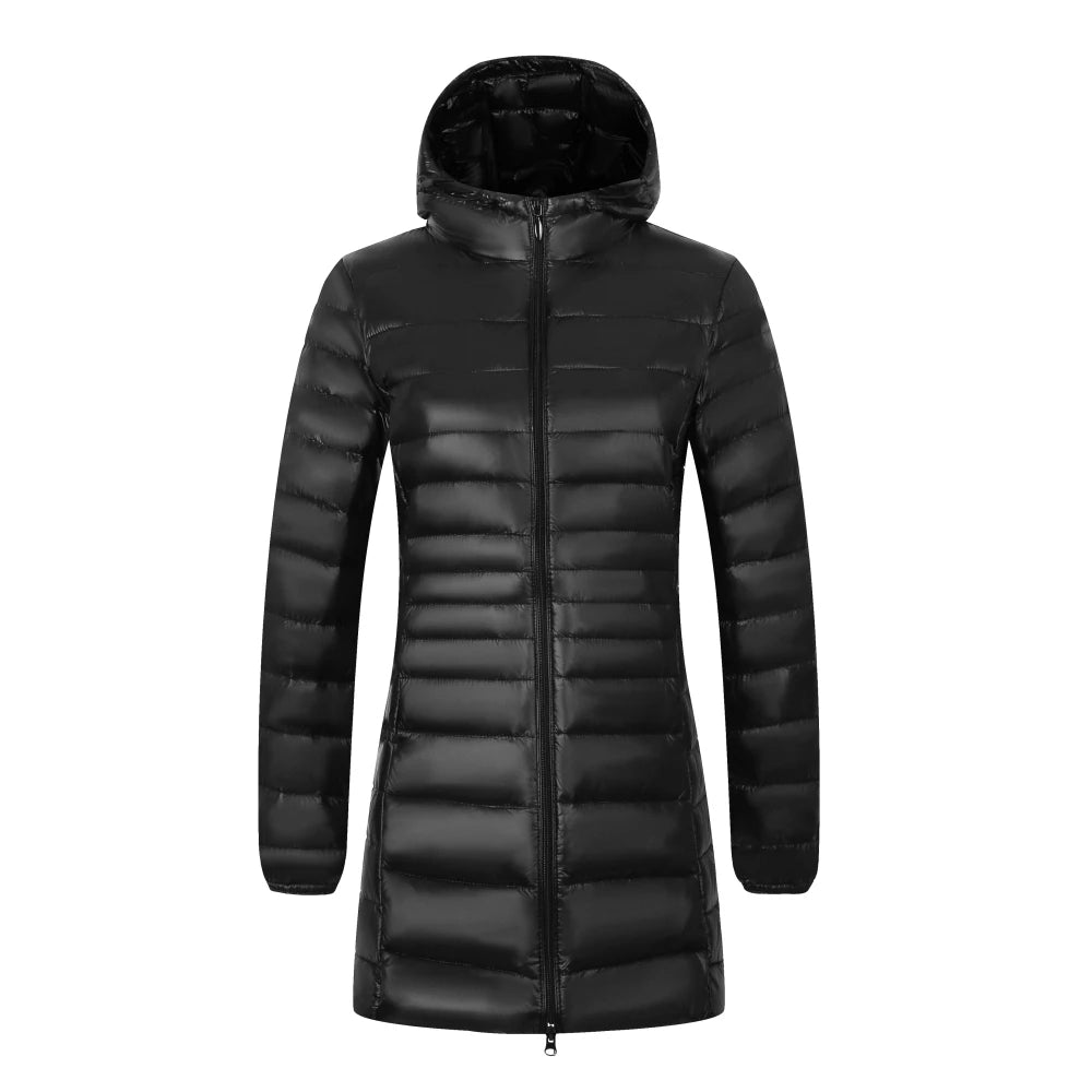 Women's Long Puffer Coat with Storage Bag - Light Hip-Length Jacket - photo 7